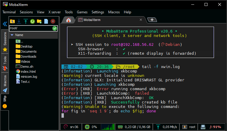 Dark-theme terminal with the graphical SSH file browser open