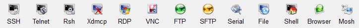 Protocol strip: SSH, Telnet, XDMCP, RDP, VNC, FTP, SFTP, Serial and Mosh