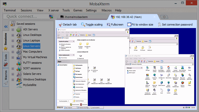 RDP tab showing a remote Windows desktop with detach and fullscreen