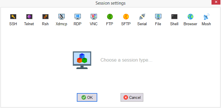 New-session card listing SSH, RDP, VNC, FTP, SFTP, Serial and Mosh