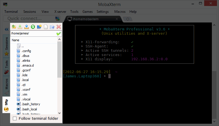SSH file list of a remote home folder with Follow terminal folder checked