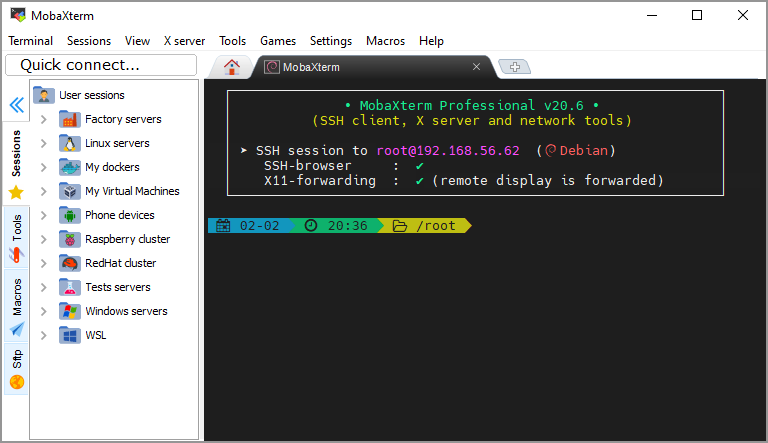 MobaXterm console showing the session tree and X11-forwarding bar